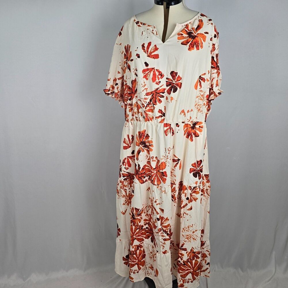 Bloomchic Dress Women's 5X Knotted VNeck Short Sleeve Midi Cream Rust Floral NWT